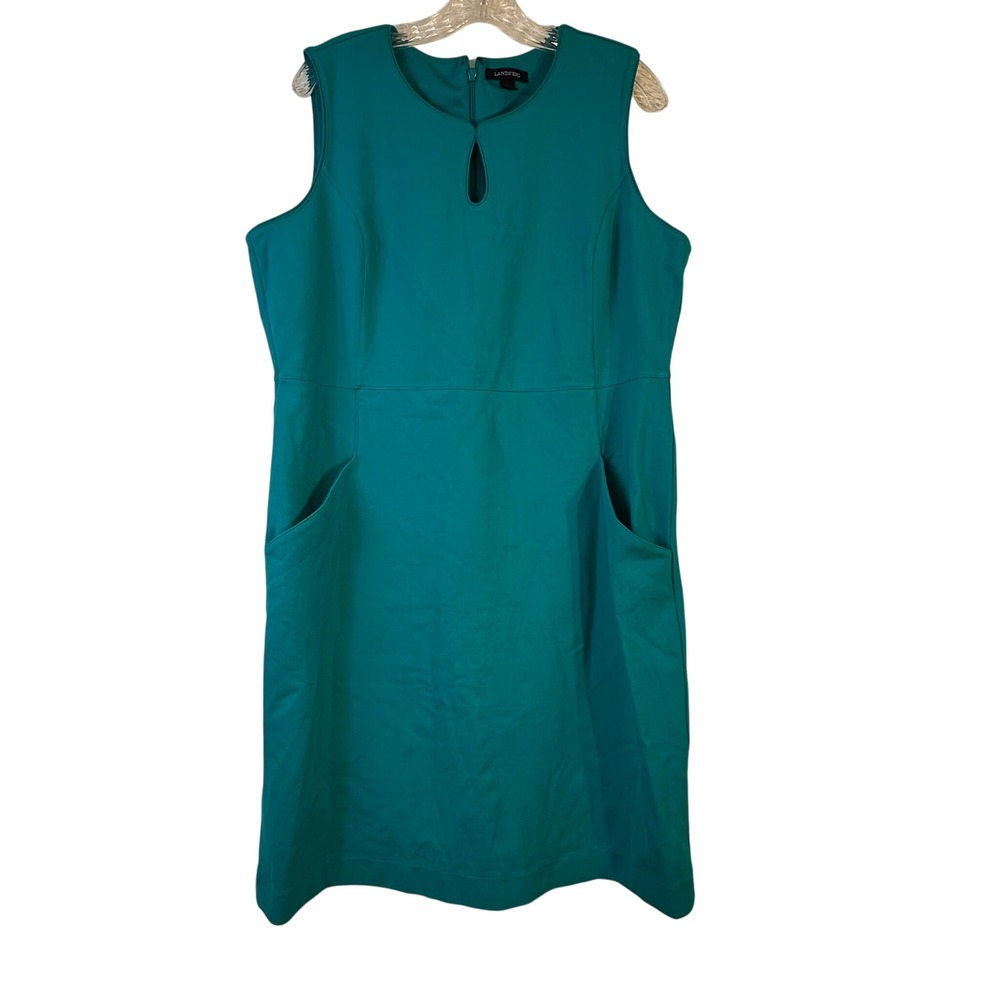 Lands End Womens Teal Blue‎ Keyhole Sleeveless Ponte Shift Dress with Pockets 16
